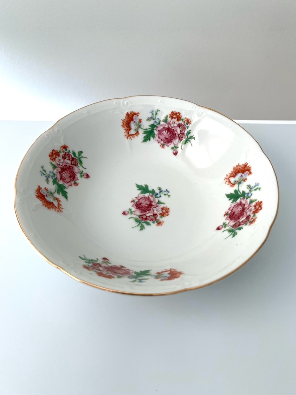 1950s Trimont Ware Japan Porcelain Serving Bowl Pink & Coral Floral Gold Rim